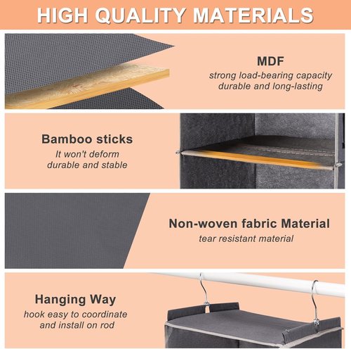 BOOMIBOO Hanging Closet Organizer - 5 Shelves with 2 Side Pockets | Foldable Storage Solution (Beige, 2 Pack)