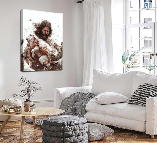 Jesus And Lamb Canvas Wall Art - Christian Home Decor | Gospel of Matthew Painting 12x16in Framed