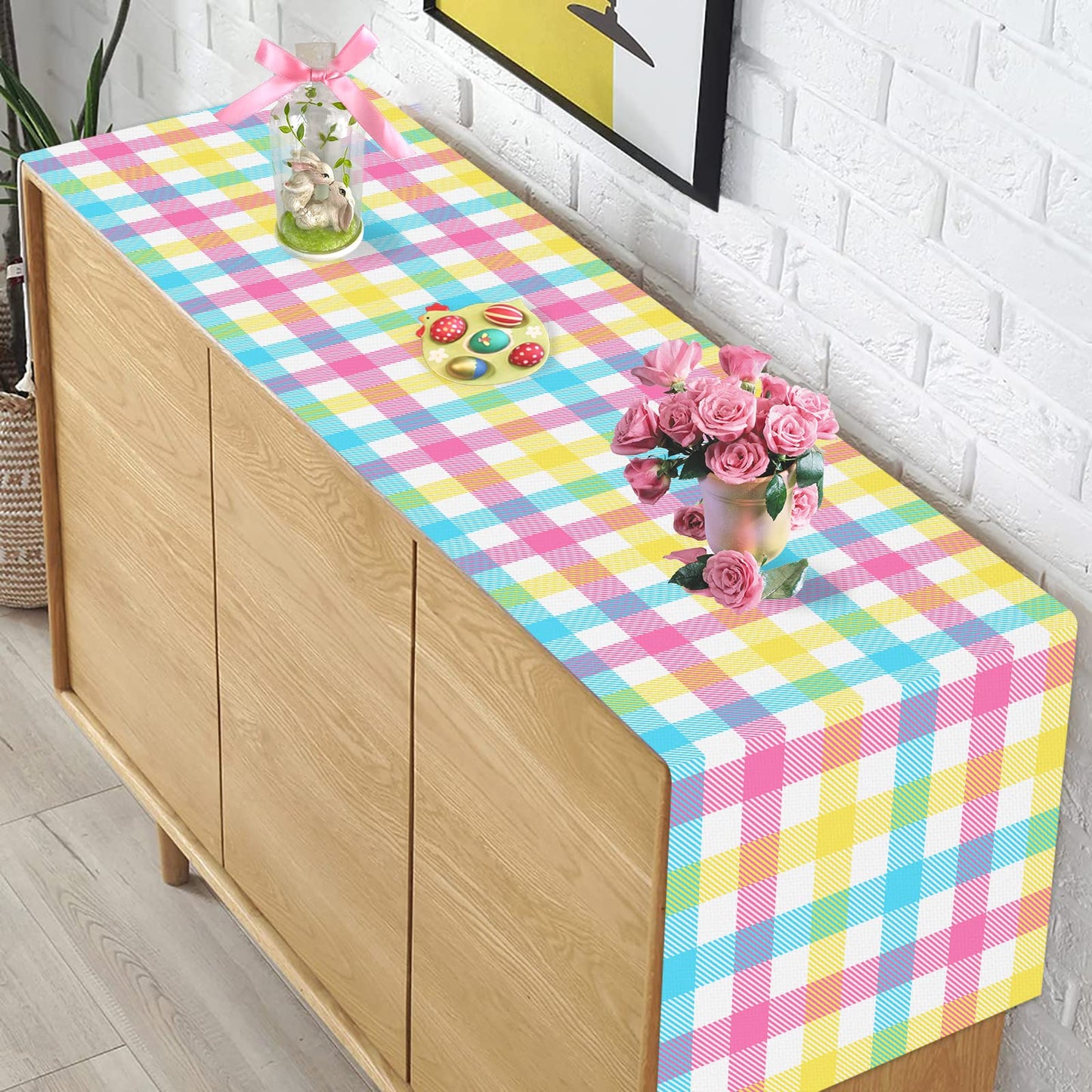 Linen Easter Blue Pink Yellow Buffalo Check Plaid Table Runner 72 Inches Long Spring Summer Holiday Farmhouse Table Decor for Dining Room Kitchen Home Party