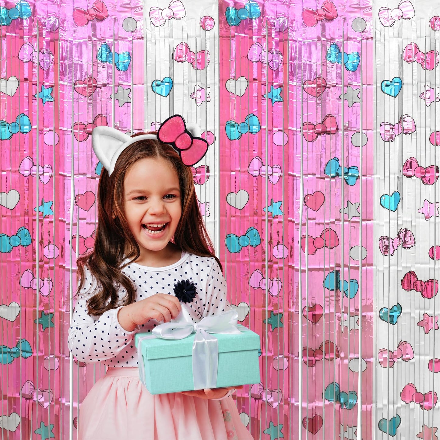 Bupelo Kawaii Birthday Decorations, 2 Pack Cartoon Cat Theme Party Supplies, 3.3 x 6.6ft Tinsel Foil Fringe Curtains, Bow Photo Booth Props, Backdrop Streamers, Perfect Room & Doorway Decor for Girls