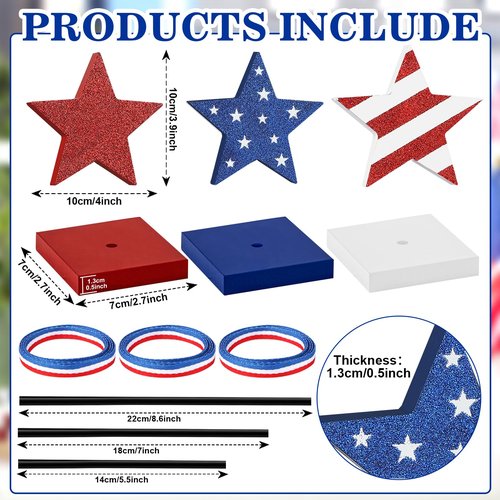Hedeey 4th of July Tiered Tray Decor Wooden Star Set, 3 Pcs Memorial Day Table Decorations, Rustic Patriotic Tabletop Home Decor, Red White and Blue Decorations for Home (Shiny)