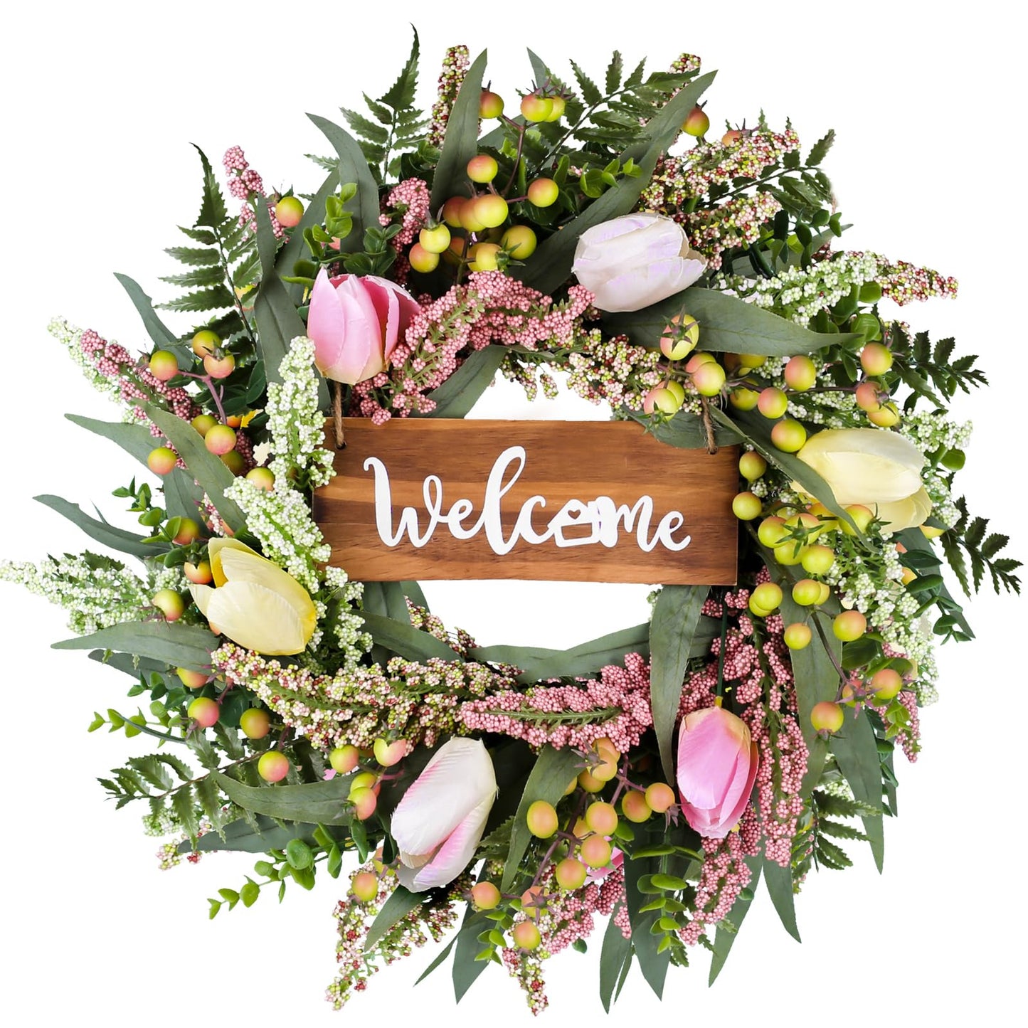 Wreaths for Front Door 20 Inch Spring Summer Tulip Wreath withTulip,Berries,Boxwood and Cattails Welcome Door Wreath, Porch, Window -Green Decor for Home, Farmhouse - Spring, Summer, Fall, All Seasons