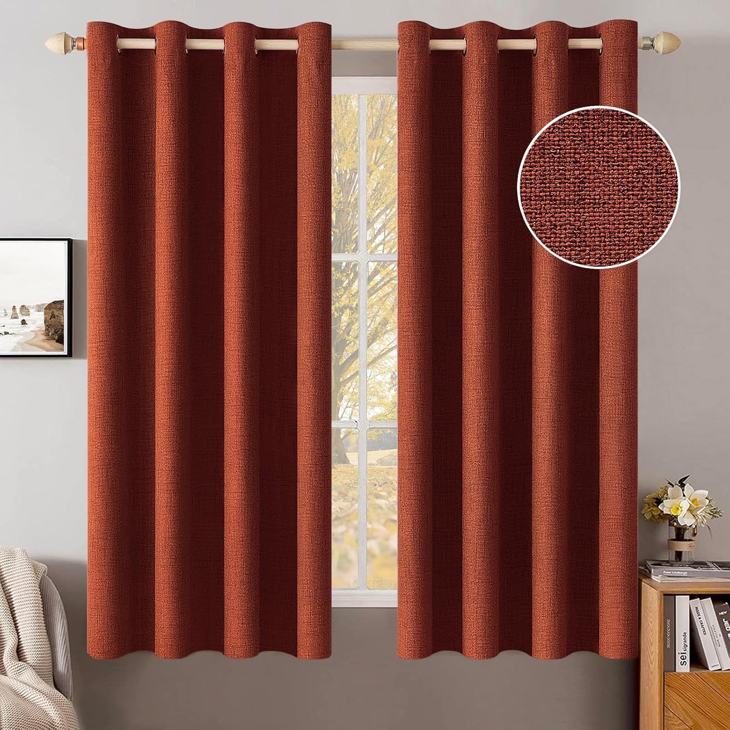 MIULEE Blackout Linen Curtains - Thermal Insulated Burnt Orange Drapes | 52 x 63 Inch (2 Panels)