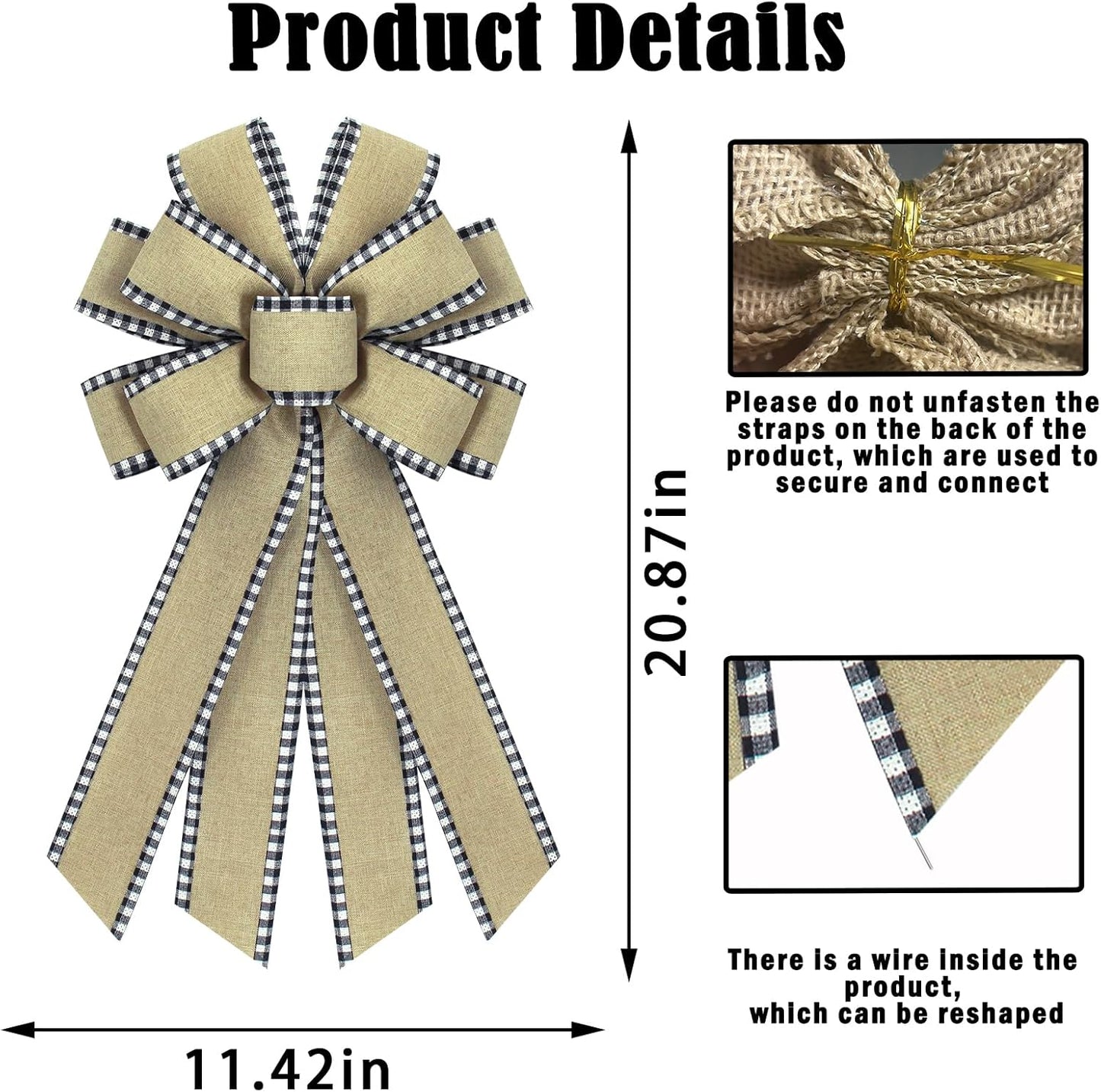 Regine Switzerland Natural Burlap Wreath Bow - Buffalo Plaid Edge for Wedding & Home Decor