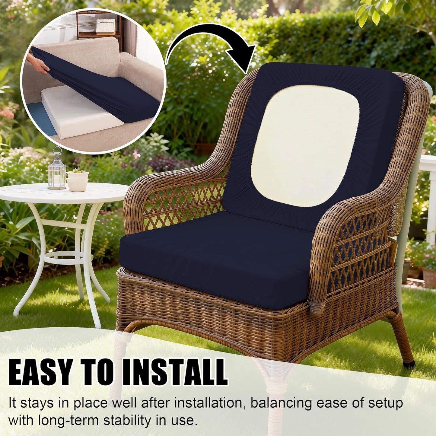 Skiennix Outdoor Cushion Covers - Stretch Elastic Slipcovers for Patio Furniture | Navy, 4-Piece Set