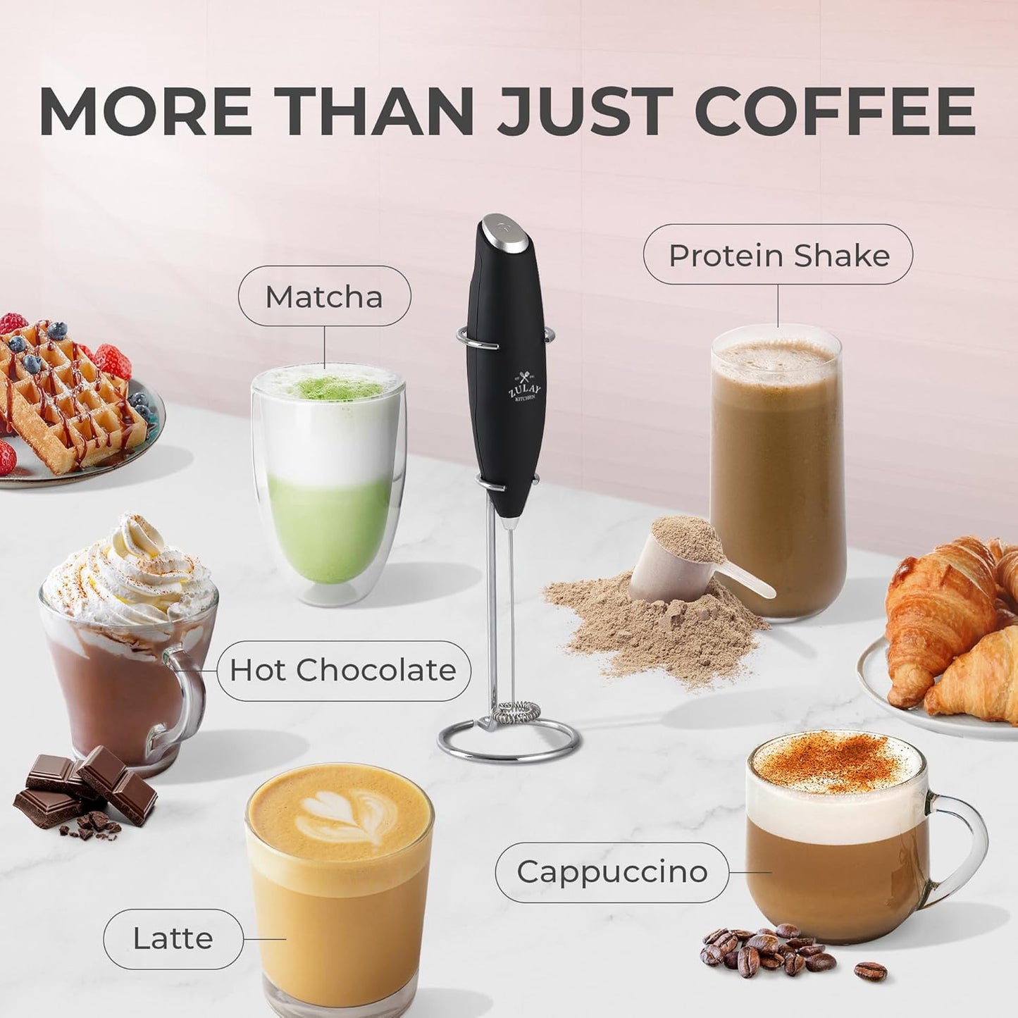 Zulay Premium Milk Frother Set - Handheld Coffee Frother with Stand & 12oz Pitcher | 13,000 RPM Motor, 4 Stencils