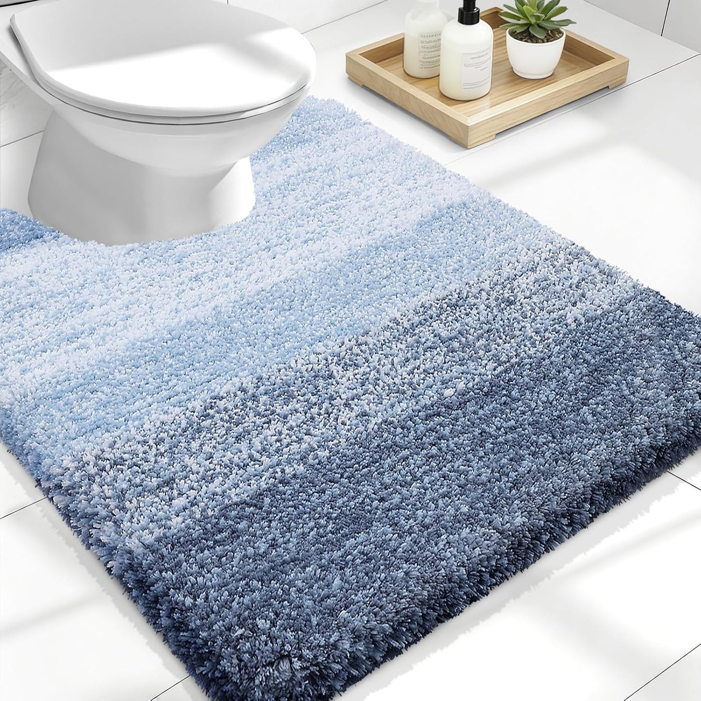 OLANLY Luxury U-Shaped Toilet Rugs - Extra Soft, Absorbent Microfiber Bath Mat | 24x20, Non-Slip, Blue