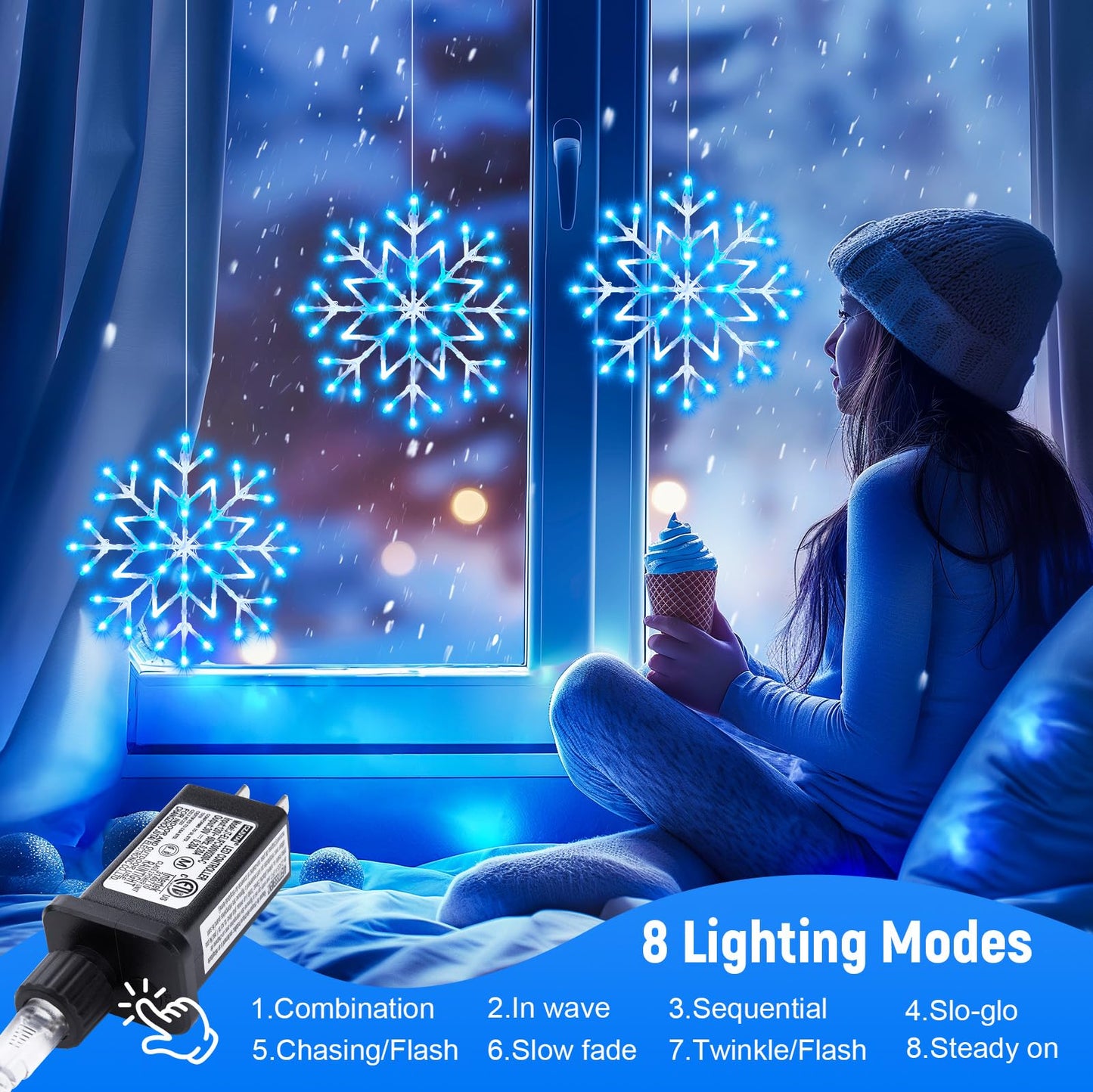 Brightown Christmas Snowflake Icicle Lights Outdoor - Plug-in 23.6ft 10 Drops 480LED Snowflake Window Lights for Indoor Outdoor Porch Eaves Rooftops Canopy Christmas Decoration, Blue and White
