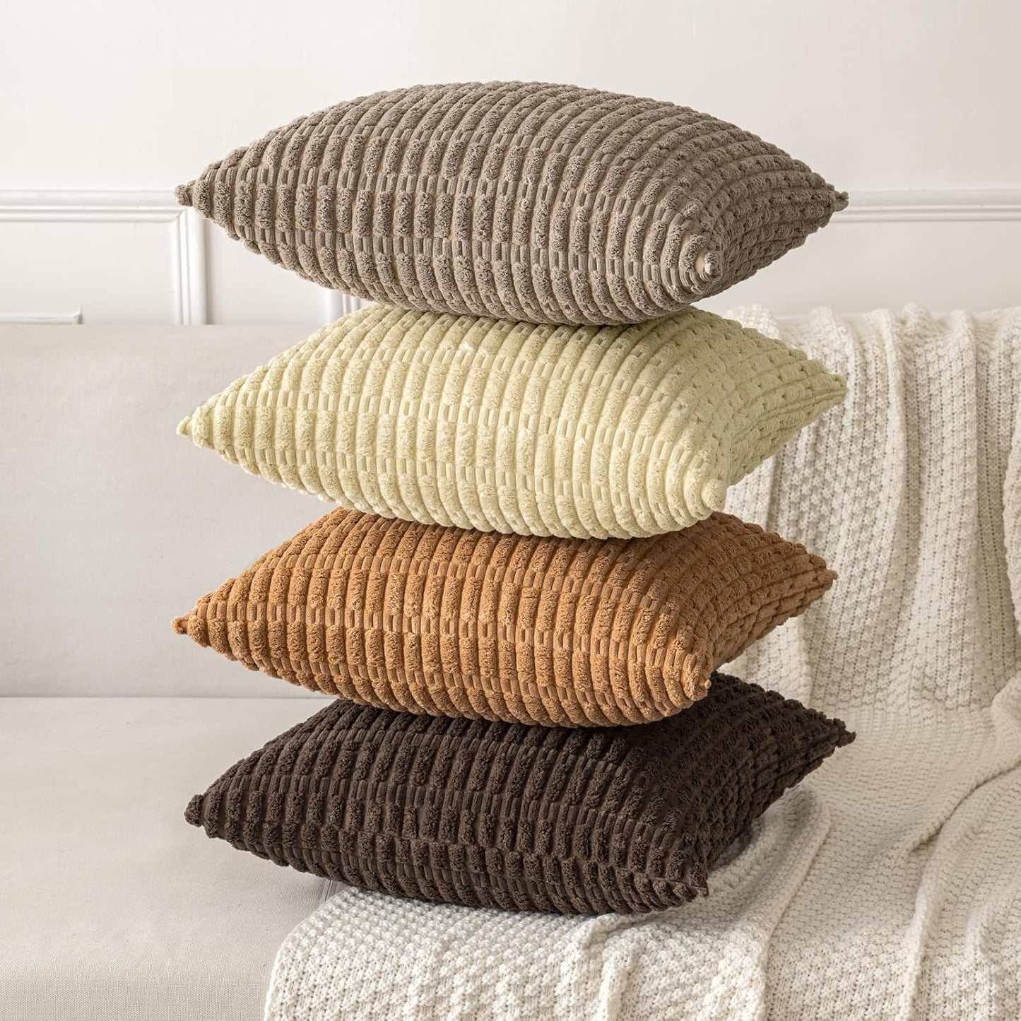 MIULEE Corduroy Throw Pillow Covers - Soft Boho Striped Design | 16x16 Inch for Modern Farmhouse Decor