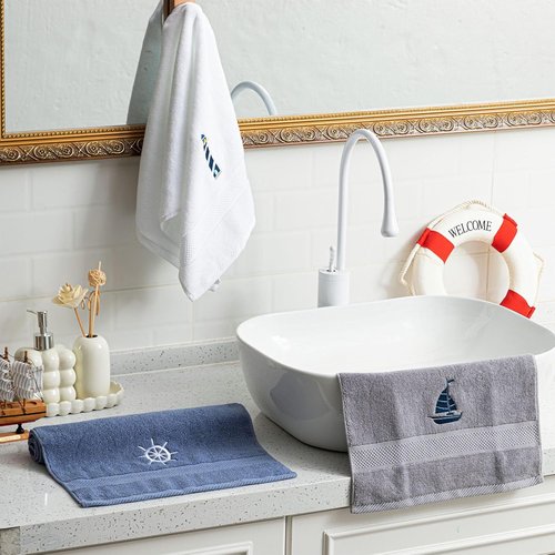 HunnmingRe Nautical Hand Towels - 3 Pcs Dark Blue & White Cotton Set | 13.3 x 28.4'' Coastal Decor