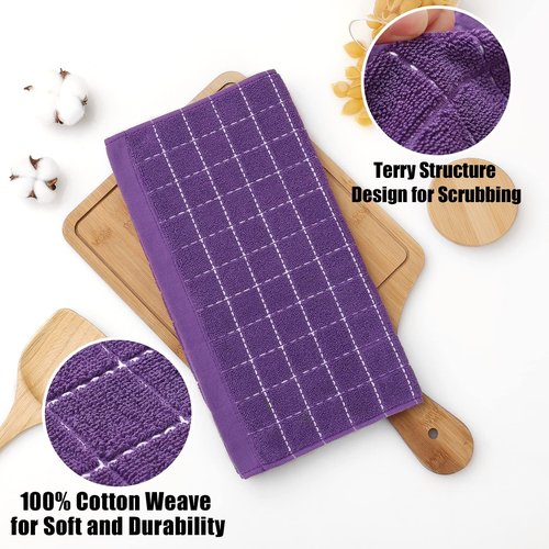 Homaxy 100% Cotton Terry Kitchen Towels(Purple, 13 x 28 inches), Checkered Designed, Soft and Super Absorbent Dish Towels, 8 Pack