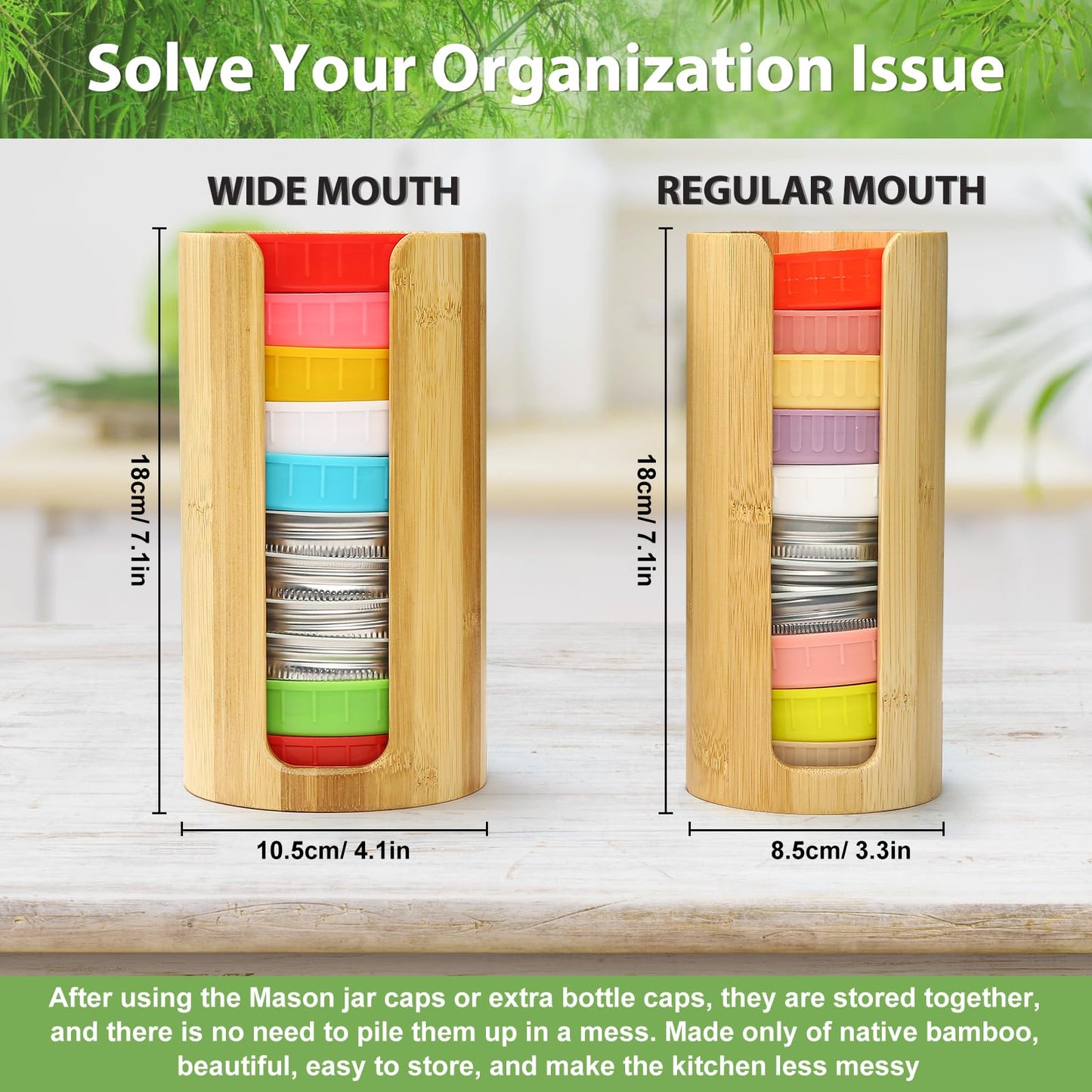 QOOMABA Mason Jar Lid Organizer (2pcs), Mason Jar Lid Storage Made of Bamboo, Suitable for Mason/Canning/Bamboo Lids(WIDE/REGULAR), Fit Perfectly, Stackable Steady