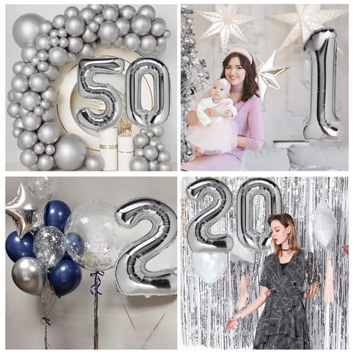 1 Number Balloon Silver 40 inch Big Foil Mylar 1st Balloons for 1 Year Old Boy Girl Birthday Party Decorations Wedding Anniversary Events Supplies