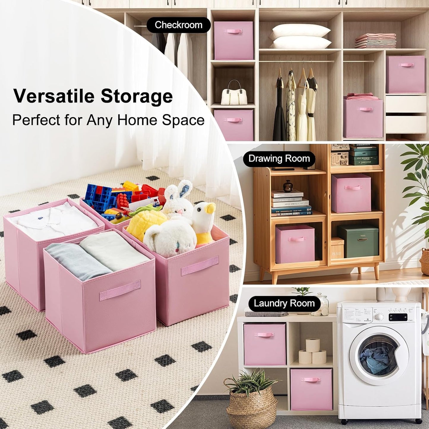 Skiennix Fabric Storage Bins - 6 Pack Collapsible Cube Organizers for Closet & Living Space | Foldable with Handles (Pink, 11 Inch)