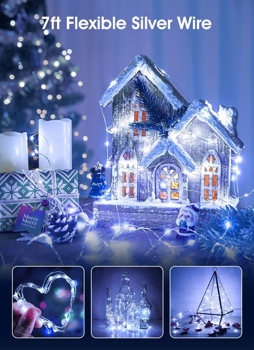 Brightown 12 Pack Led Fairy Lights Battery Operated String Lights Waterproof Silver Wire 7 Feet 20 Led Firefly Starry Moon Lights for DIY Wedding Party Bedroom Patio Christmas (12 Pack, White)