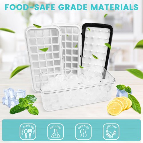 Ice Trays for Freezer with Lid & Bin, Ice Cube Tray Making 64 pcs Ice Cubes, Easy Press to Release Ice, Ice Tray with Storage Bin Chilling Cocktail Whiskey Coffee 2 Trays 1 Ice Bucket & Scoop (Black)