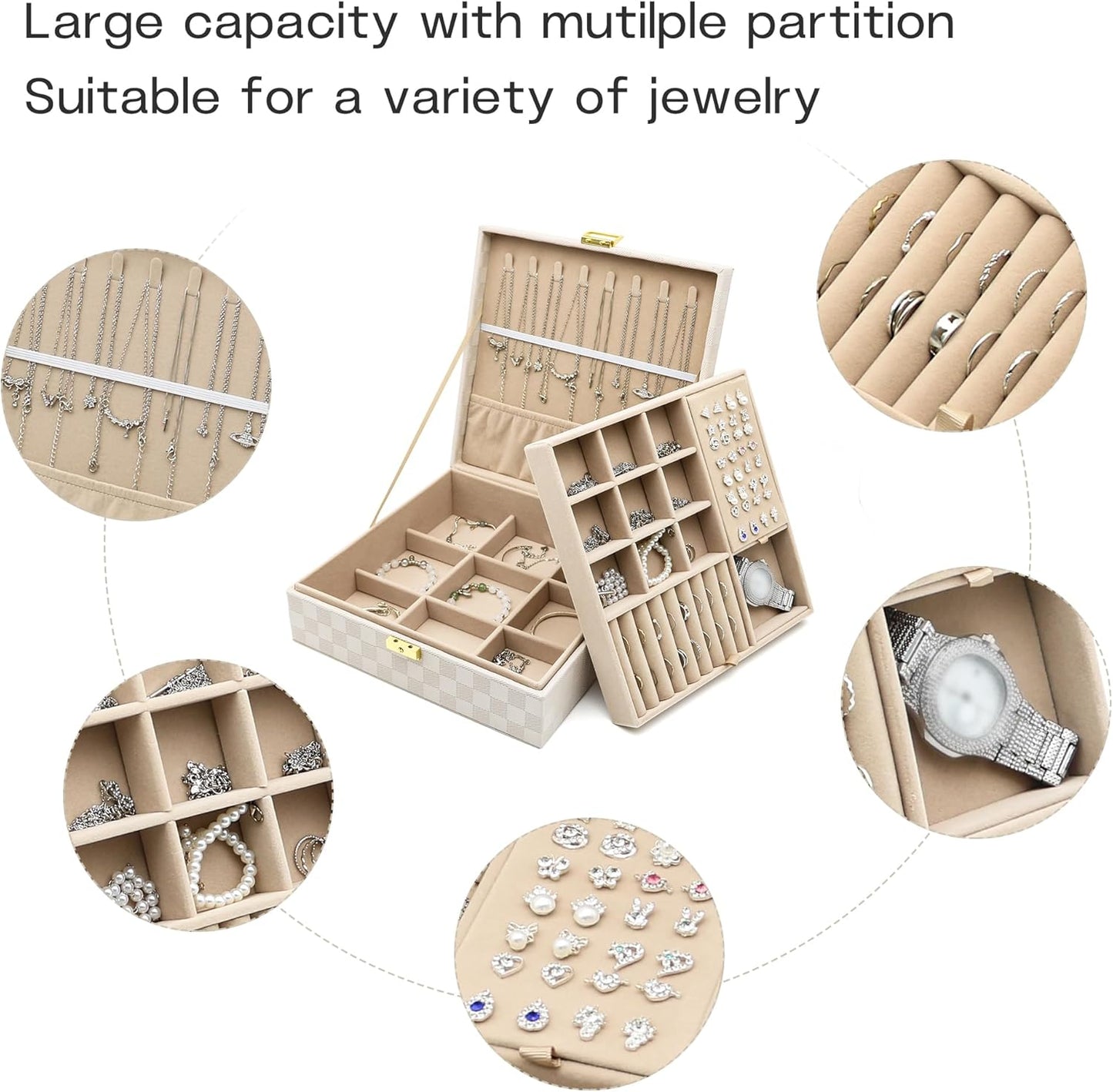 Jewelry Organizer Box, Jewelry Box Organizers for Women Girls, 2 Layers Large Leather Jewels Storage Case for Earring, Rings, Necklaces, Bracelets, Big and Small Jewellery, Watch, Ideal Gift (Brwon)