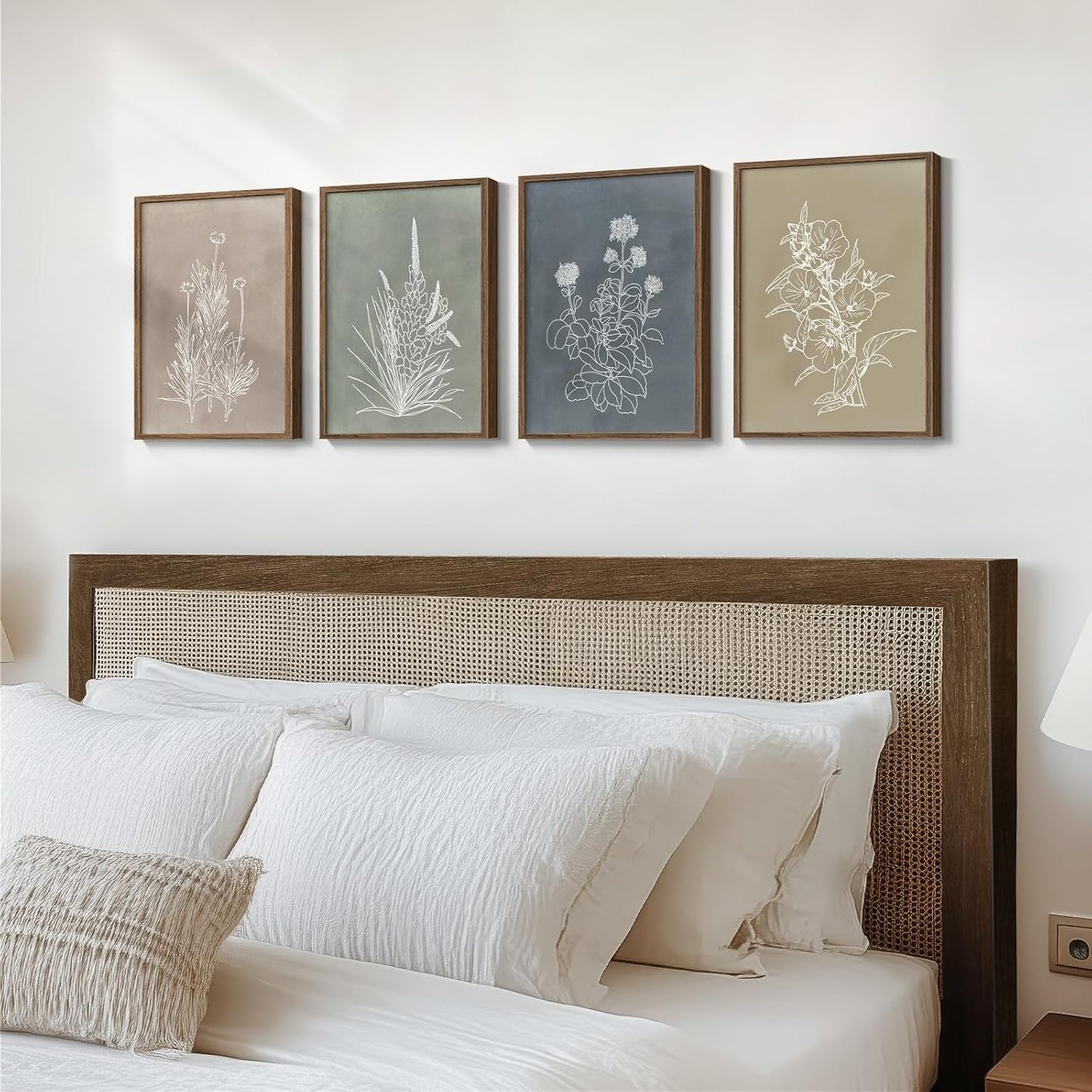 Skiennix Framed Boho Botanical Wall Art - 4 Piece Rustic Floral Canvas Prints for Modern Decor