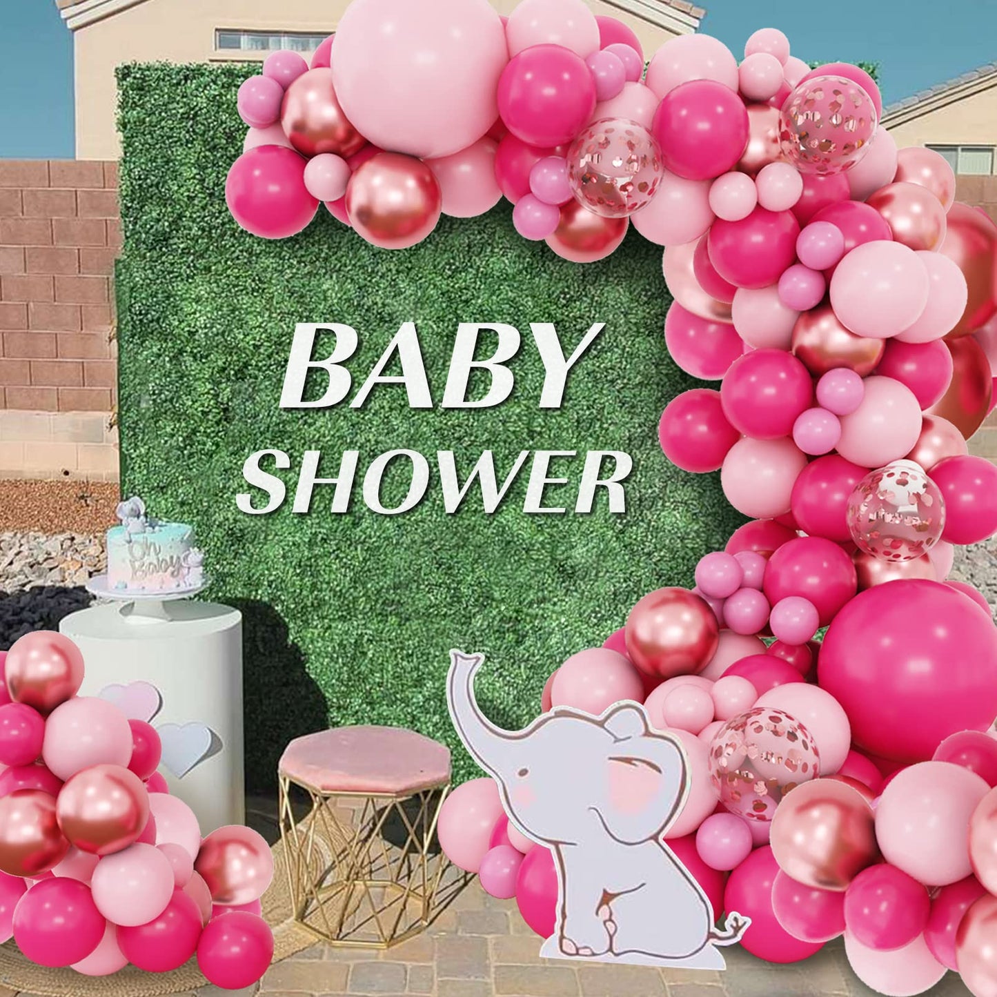 RUBFAC 160pcs Pink Balloon Arch Garland Kit, Hot Pink Rose Gold Metallic Confetti Balloons for Birthday Baby Shower Princess Theme Party Wedding Background Decorations