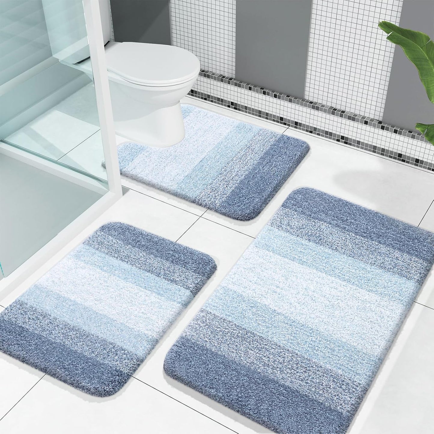 OLANLY 3-Piece Bathroom Rug Set - Soft Absorbent Microfiber Mats & U-Shaped Contour Rug | Blue (30"x20"+24"x16"+24"x20")