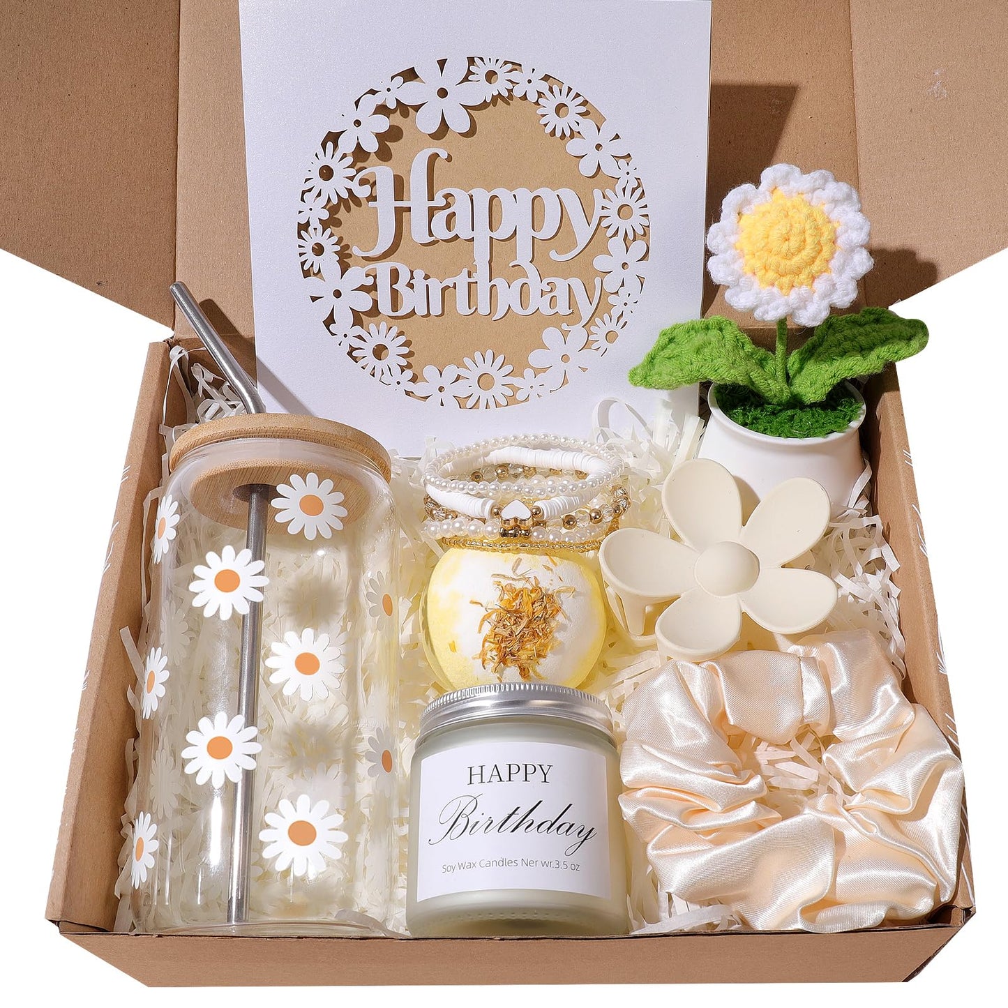 Landteek Fine Birthday Gifts For Women, Happy Birthday Gift Box For Girl,Teen Girl, Her, Women, Sister, Daughter, Friends, Cute Daisy Aesthetic Glass Cups Gift Set 8pcs