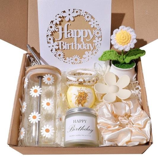 Landteek Fine Birthday Gifts For Women, Happy Birthday Gift Box For Girl,Teen Girl, Her, Women, Sister, Daughter, Friends, Cute Daisy Aesthetic Glass Cups Gift Set 8pcs