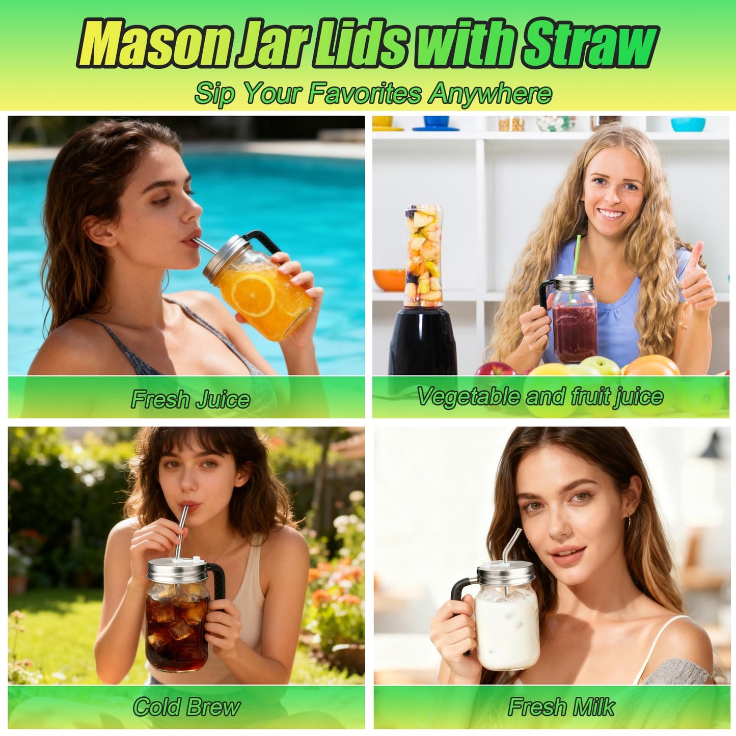 Palksky Mason Jar Lids with Straw Hole & Handle for Regular Mouth Jars, Leak-Resistant Drinking Lids with Extra Silicone Rings, Mason Jar Straw Lids for Iced Coffee, Lemonade, Juice (2 Pack)