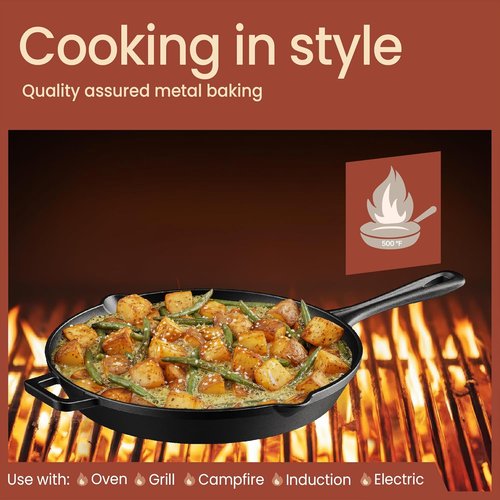 Bakken 12" Cast Iron Skillet - Pre-Seasoned Frying Pan for Even Heat Retention | Versatile for Stove, Oven & Grill