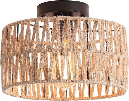 3-Light Antique Gold Woven Flush Mount Light Fixture Rustic Coastal Hemp Rope Brass Semi Flush Mount Ceiling Light for Hallway Bedroom Kitchen Entryway Farmhouse Living Room