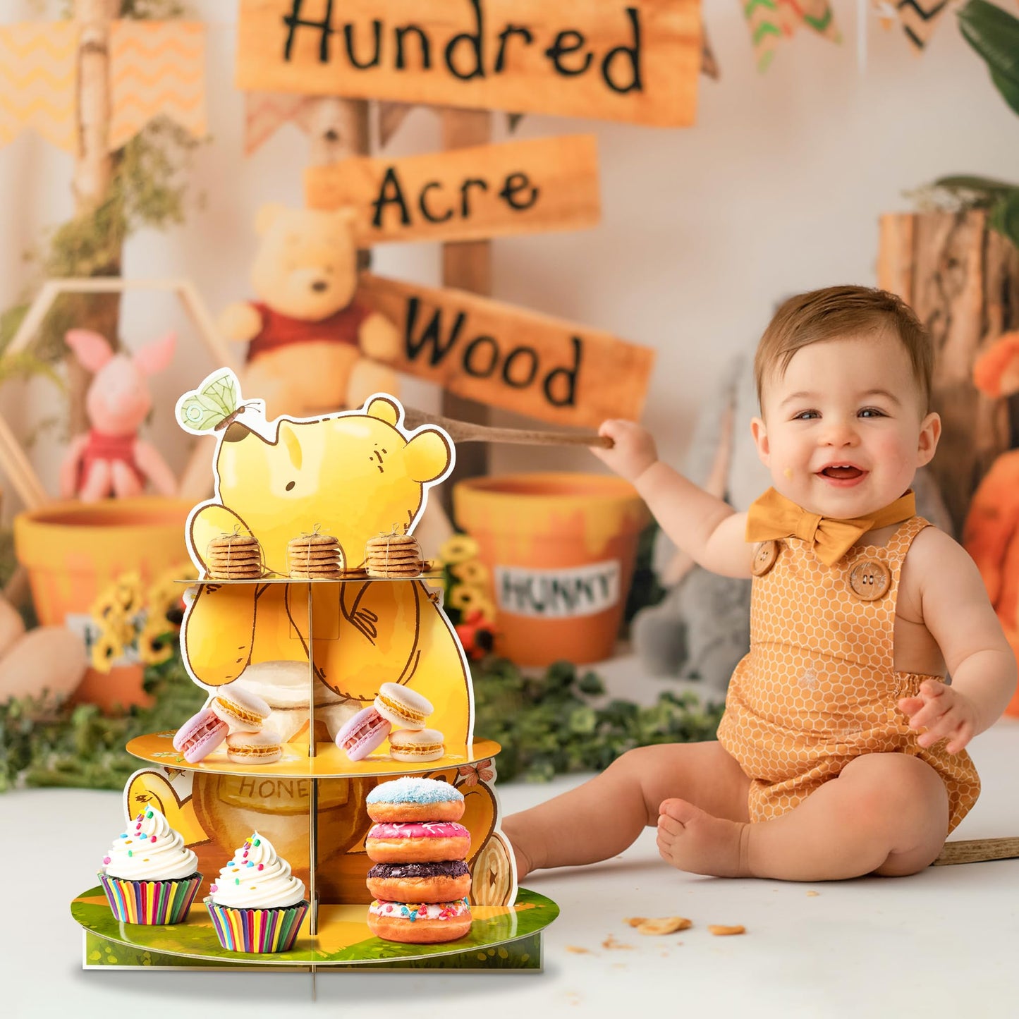 Z1juce Winnie Themed Cupcake Stand - 3 Tier Winnie Party Dessert Holder Bear Theme Cardboard Cake Stand for Birthday Party Decorations Bear Cupcake Display for Boys Girls Baby Shower Party Supplies