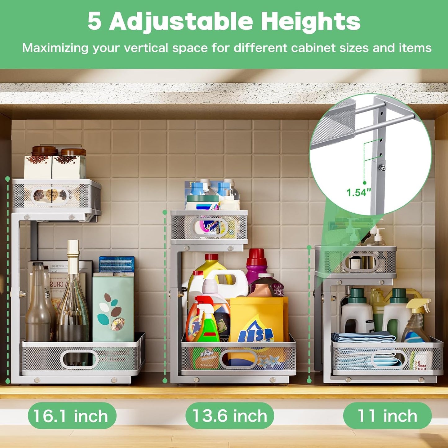 Under Sink Organizer - Adjustable 2-Tier Storage Solution | 2-Pack Metal Pull-Out Drawers for Kitchen & Bathroom