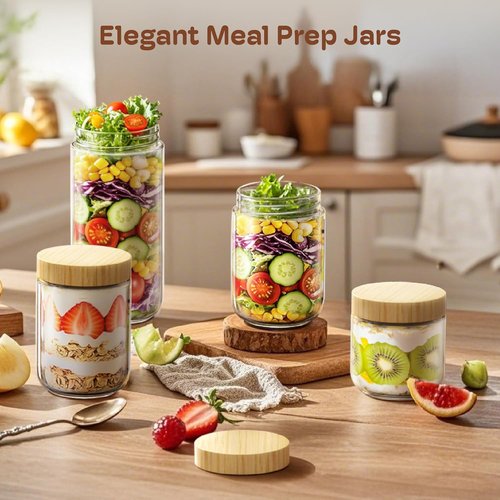 4 Pack Glass Overnight Oats Containers by [Brand Name] - Airtight Bamboo Lids | Meal Prep Jars for Yogurt & Snacks