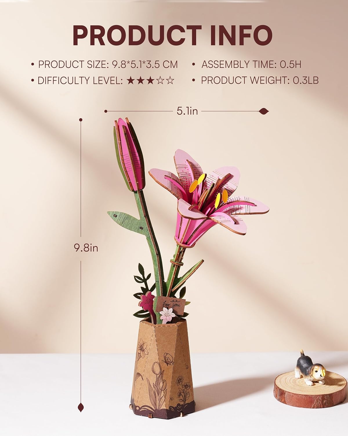 Skiennix 3D Flower Wooden Puzzle - Pink Lily DIY Model Kit for Adults | Creative Gift for Mother's Day (73PCS)