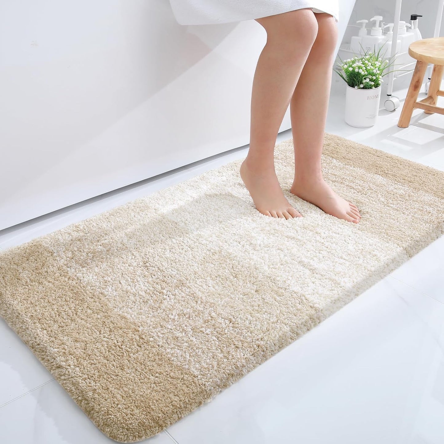 OLANLY Bathroom Runner Rug - Extra Soft Microfiber Mat 44x24 | Quick Dry, Washable, Rubber Backing, Light Beige