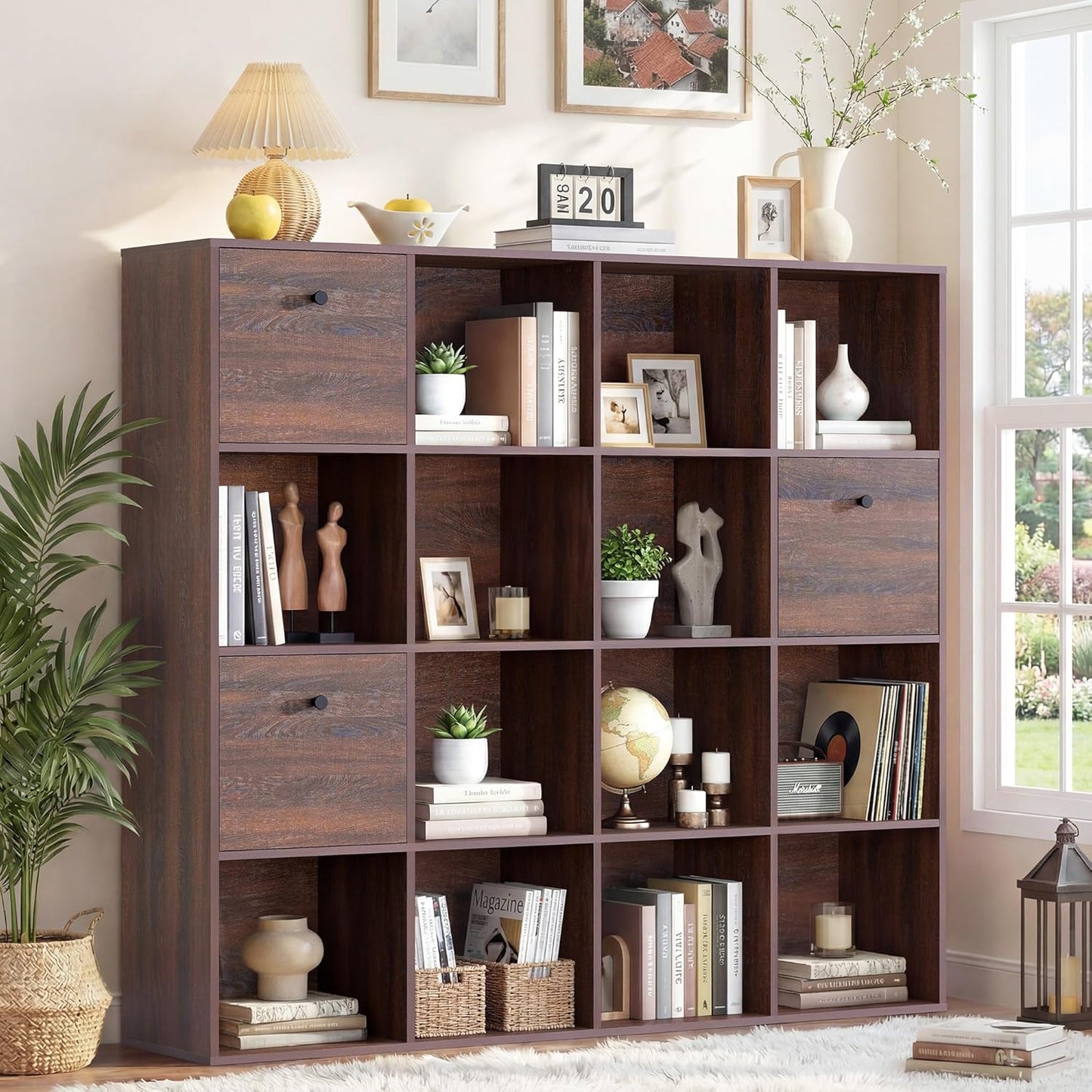 Walnut 16-Cube Storage Organizer - Stylish Wooden Bookcase with 3 Drawers | 47" Wide Freestanding Shelf for Home Office & Library