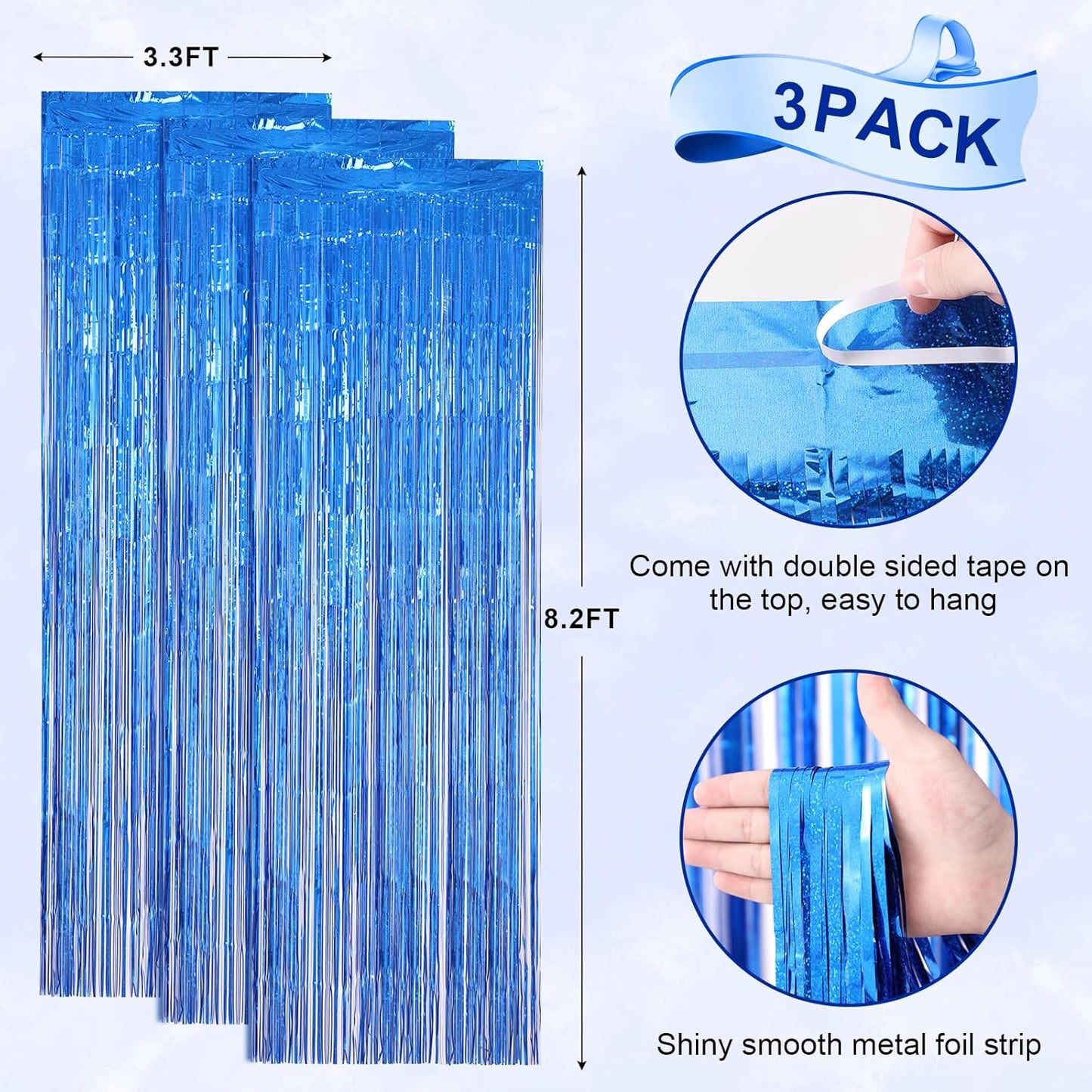 Voircoloria Laser Blue Foil Fringe Backdrop Curtains - 3 Pack, Perfect for Birthday, Graduation & Disco Parties