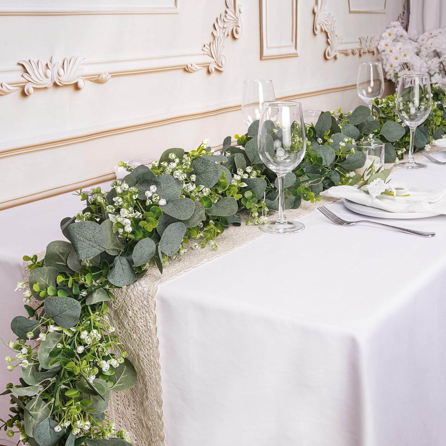 BonBloom's 8 Packs Artificial Eucalyptus Garland with White Flowers 5.9Ft Faux Greenery Garland Vines Spring Garlands for Bedroom Centerpieces Table Wedding Backdrop Arch Mantle Room Decor