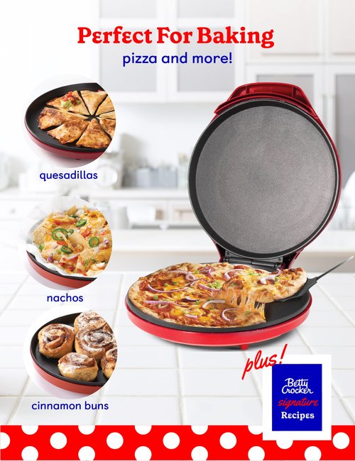 Betty Crocker Pizza Maker Plus, 12" Indoor Electric Grill, Nonstick Griddle Pan for Pizzas, Quesadillas, Tortillas, Nachos and more, 12" Electric Griddle for Delicious Meals and Snacks, Red