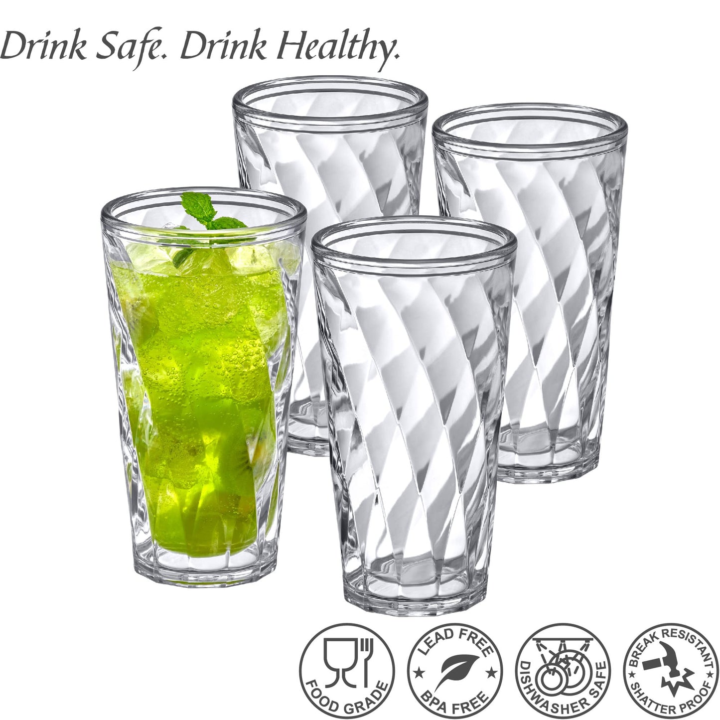 Amazing Abby - Alps - 22-Ounce Insulated Plastic Tumblers (Set of 4), Double-Wall Plastic Drinking Glasses, All-Clear High-Balls, Reusable Cups, BPA-Free, Shatter-Proof, Dishwasher-Safe