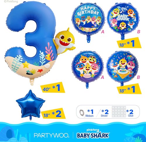 Baby Shark | PartyWoo Blue Foil Number 3 Balloon - 5pcs 18-Inch Mylar Helium Birthday Decor