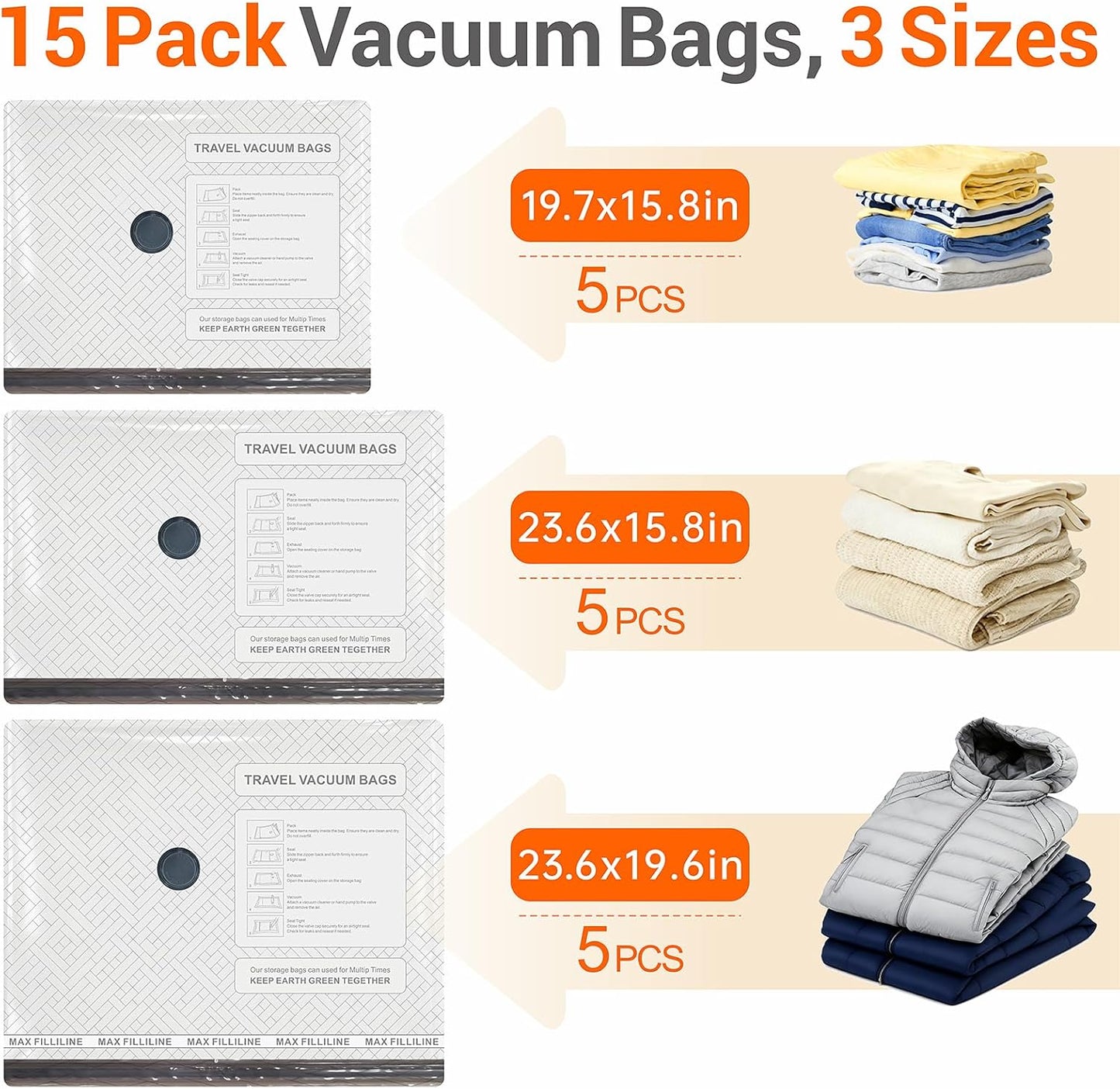 Skiennix Travel Vacuum Storage Bags - Electric Wireless Pump & Compression Solution | 15 Pack Combo