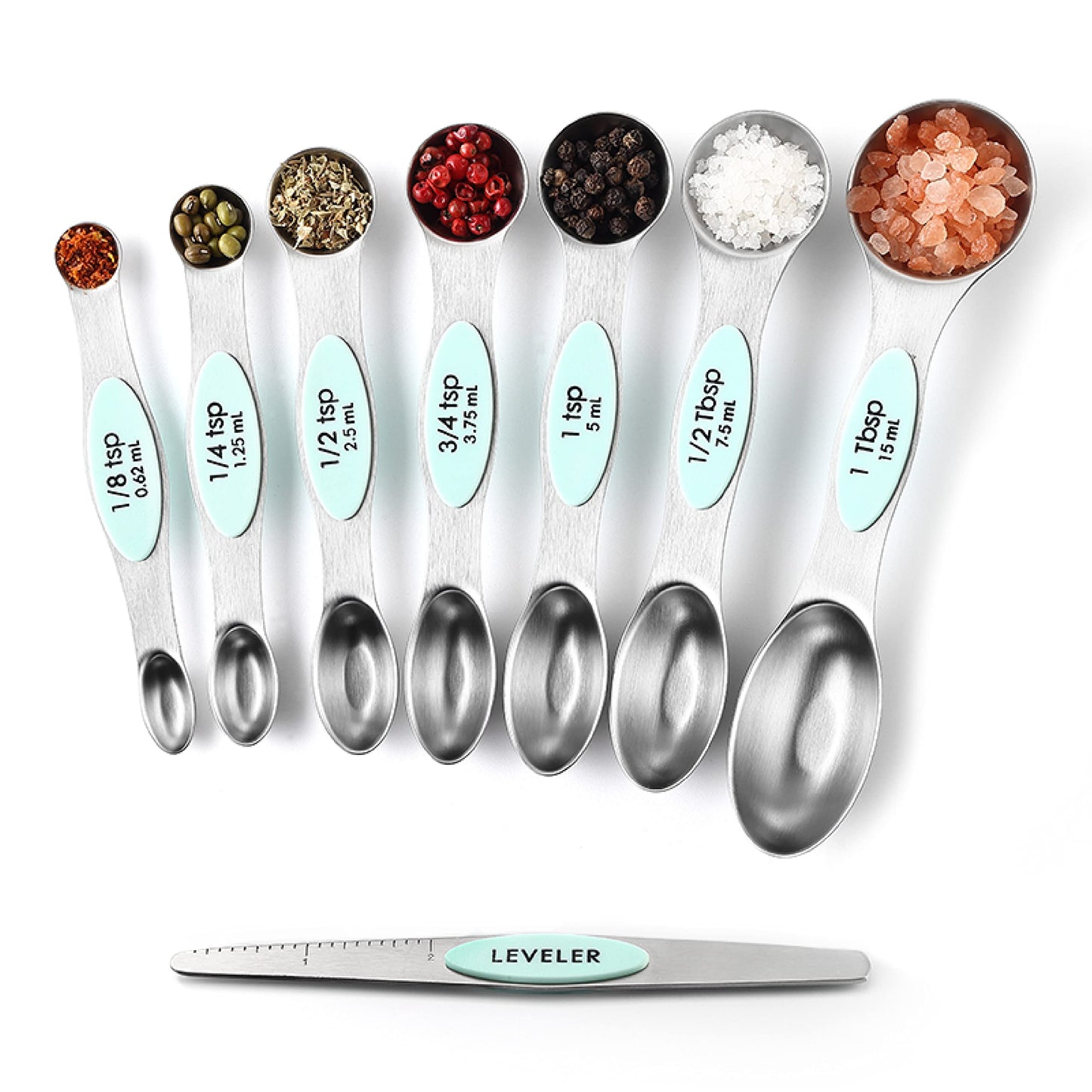 Spring Chef Stainless Steel Magnetic Measuring Spoons Set of 8 with Leveler, Metal Teaspoon & Tablespoon Measuring Spoons, Fits in Spice Jars, Kitchen Gadgets for Baking & Cooking - Set of 2 - Mint
