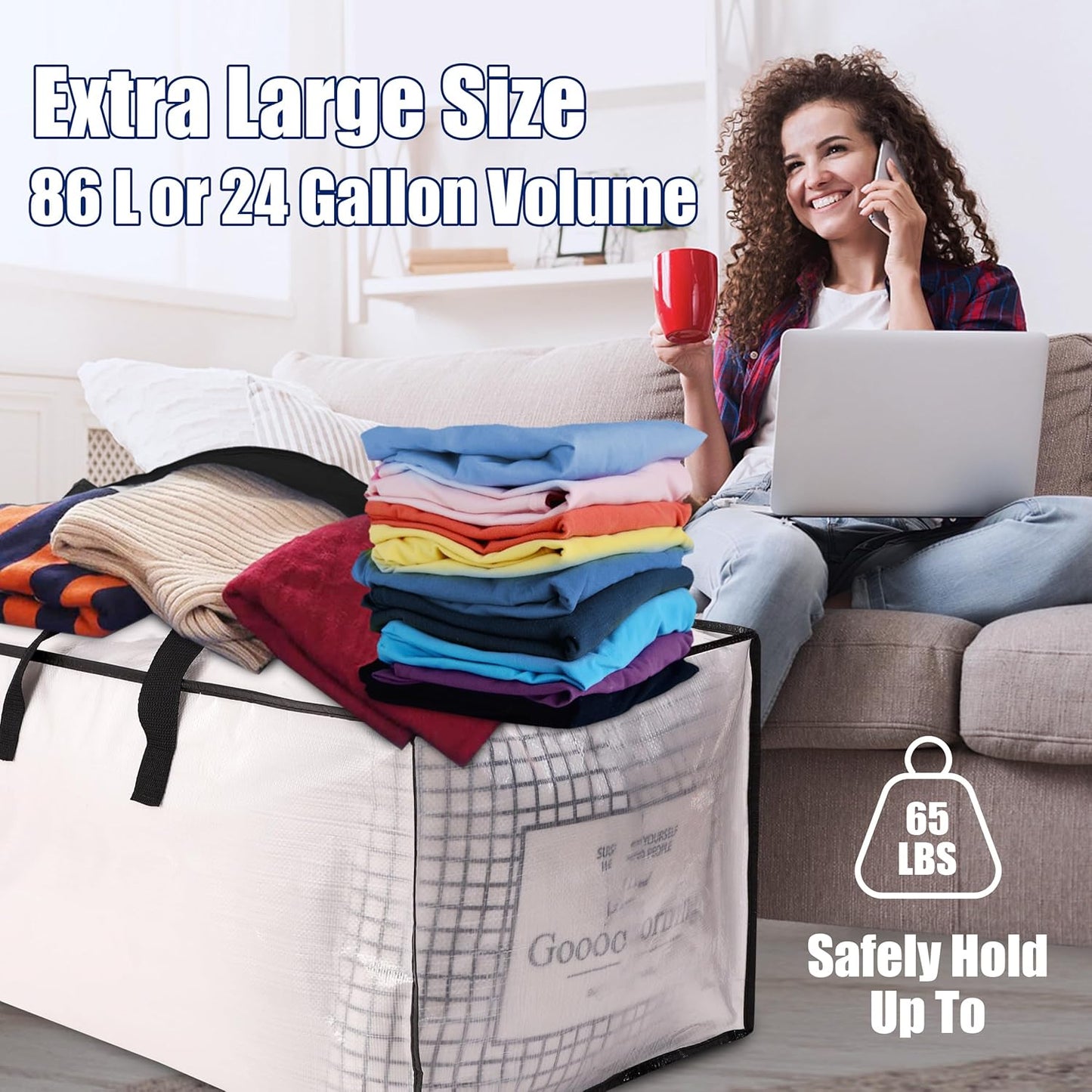 Sweet Dolphin Extra Large Moving Bags - 12 Pack Heavy Duty Storage Totes with Strong Zippers & Handles | Space-Saving Design