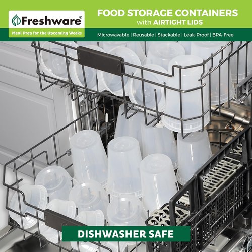 Freshware Food Storage Containers with Lids [60 Pack 8, 16, 32 oz, 20 sets each size] Plastic Deli Containers, Meal Prep Containers, Microwave and Freezer Safe, Stackable, Leakproof, BPA Free, Clear