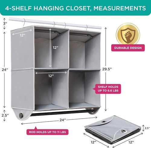 HOLDN’ STORAGE Hanging Closet Organizer - Heavy Duty 4-Shelf Unit with Garment Rod for Clothes & Shoes | Grey