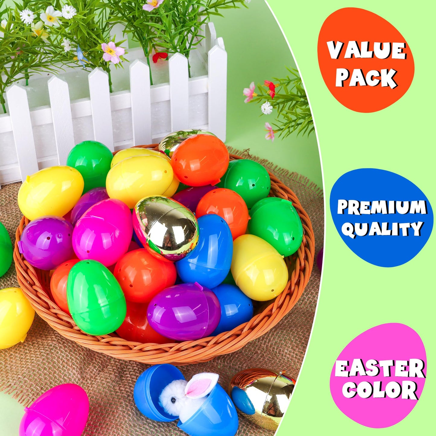 100 Pack 3 Inch Large Fillable Plastic Easter Eggs Bulk Include 6 Surprise Golden Eggs, Bright Color Empty Easter Eggs for Easter Hunts, Basket Stuffers Fillers, Easter Party Favors Classroom Prize