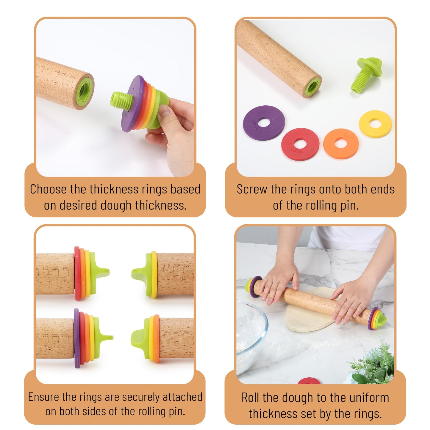 BAMBOO LAND- Adjustable Rolling Pin with Thickness Rings for Baking, 13.8", 4 Colorful Thickness Rings (2-10 mm or 1/16"-3/8"), Wood Rolling Pins for Baking, Bread, Pizza Doughs