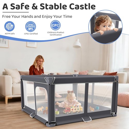 Foldable Baby Playpen - 50"x50" Portable Safety Play Yard for Babies & Toddlers - Indoor/Outdoor Use, Dark Gray