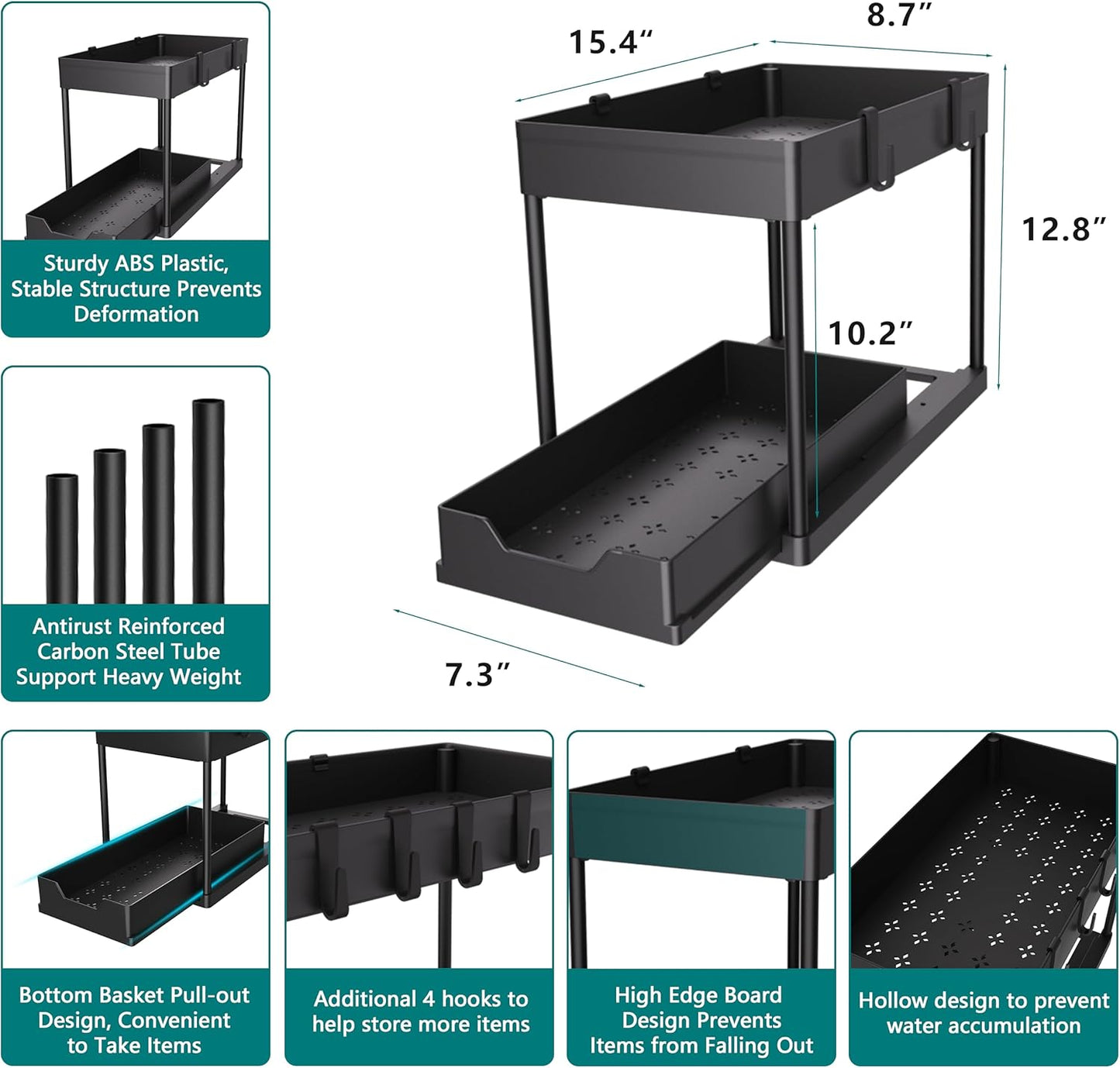 MEAFBIRD Under Sink Organizer - 2 Tier Bathroom Cabinet Storage with Sliding Baskets | Black 2 Pack