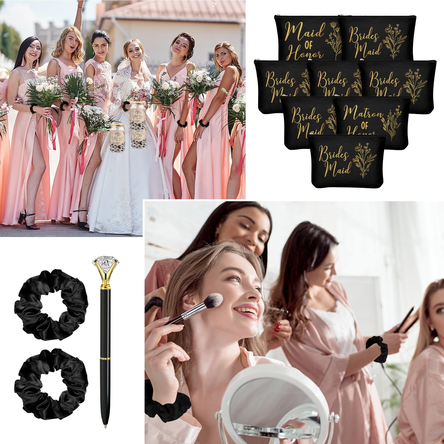 Irenare 48 Pcs 8 Set Bridesmaid Proposal Gifts Maid of Honor Gifts16oz Glass Cups Cosmetic Makeup Bags Invited Cards Scrunchies Hair Knotted Bracelets Diamond Pens(Classic Style,Black)
